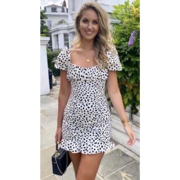 Zara Ruched Polka Dot Puff Sleeve Mini Dress Milkmaid Ivory & Black Dots Medium - Picture 5 of 10